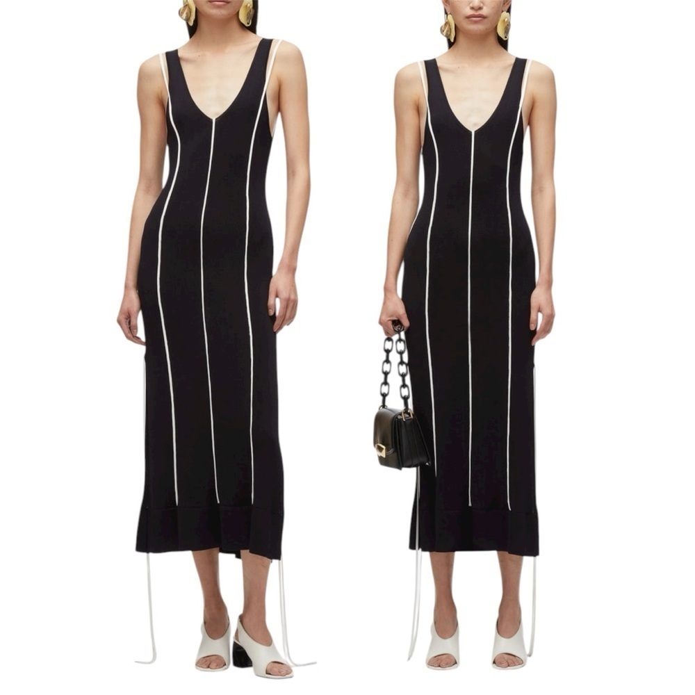 3.1 PHILLIP LIM V-Neck Tank Lux Viscose Midi Dress with Piping Trim Size Large